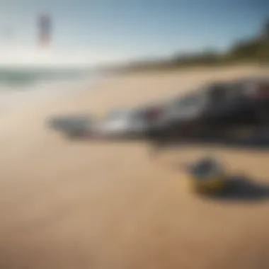 Kiteboarding equipment lined up on the sandy beach