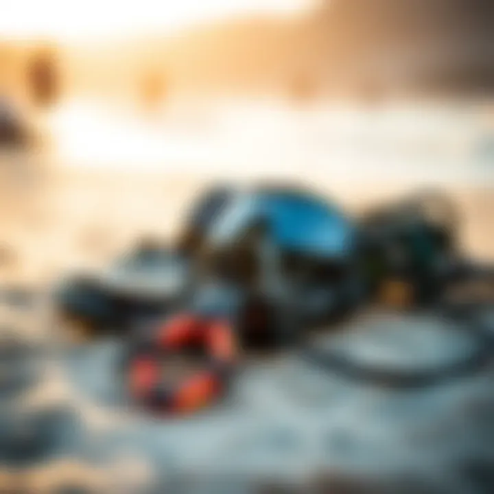 Close-up of kiteboarding gear laid out on the beach