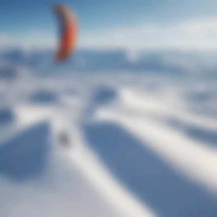 An aerial perspective of a ski kiting location, showcasing vast snow-covered terrain and clear blue skies