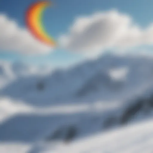 A breathtaking view of a skier soaring through the snowy landscape with a colorful kite overhead