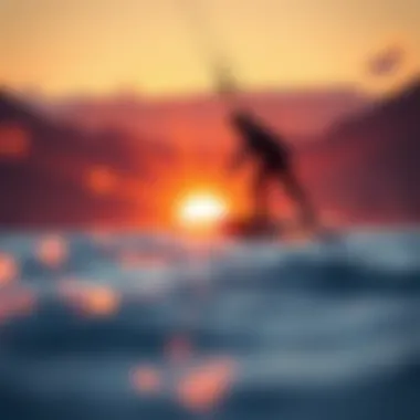 Vistas of a kiteboarding spot at sunset