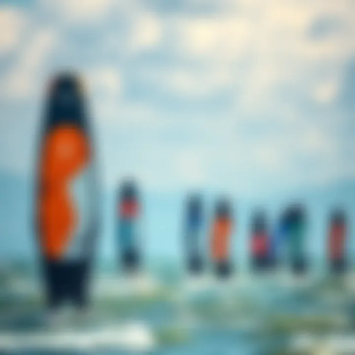 A scenic view of various Starboard inflatable windsurf boards on the water.