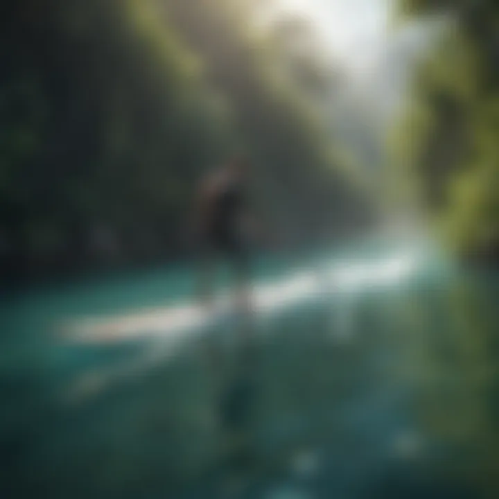 A close-up of a stand-up paddleboarder navigating through crystal-clear waters surrounded by lush vegetation.