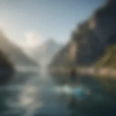 A tranquil scene of paddlers enjoying a peaceful morning on paddleboards against a backdrop of mountains.