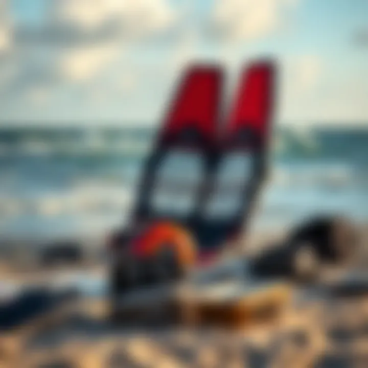 A serene beach scene showcasing kiteboarding gear laid out