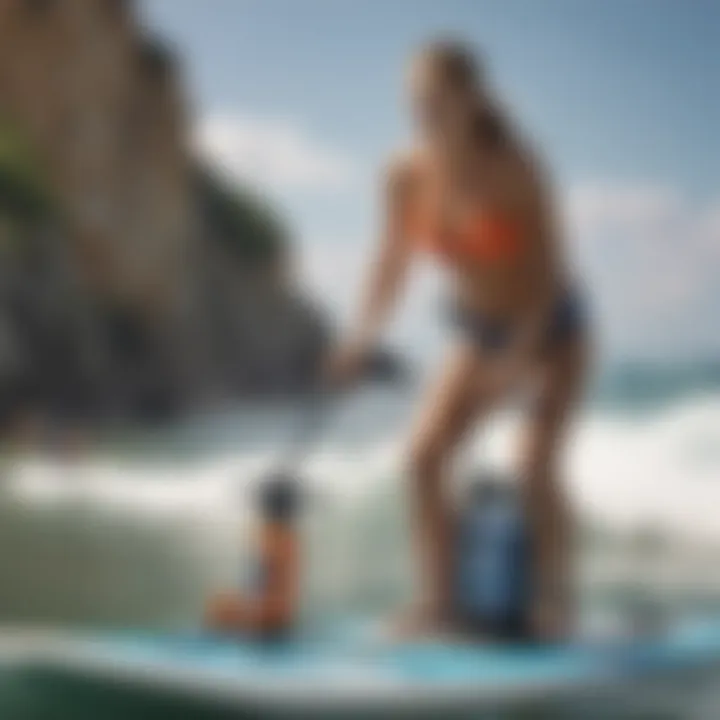 Close-up of key features of a battery-operated paddle board pump