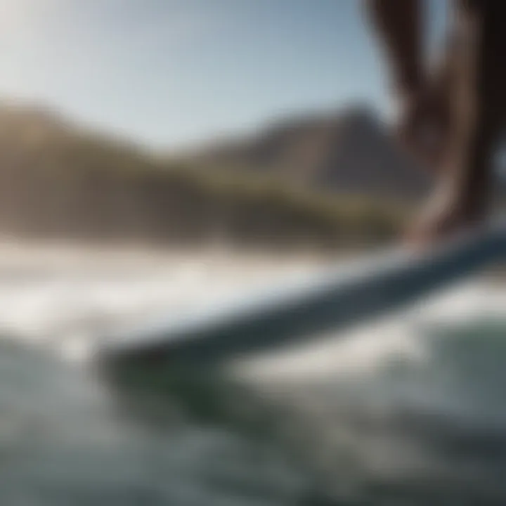 A close-up view of a hydrofoil surfboard showcasing its sleek design and construction materials.