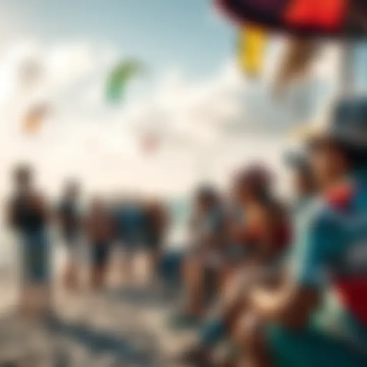 A lively gathering of kiteboarding enthusiasts sharing tips and experiences by the beachside.