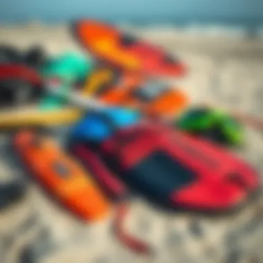 An array of essential kiteboarding gear laid out on a sandy beach, showcasing vibrant colors and textures.