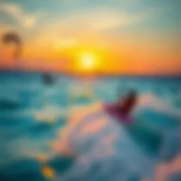 A breathtaking view of kiteboarders gliding across turquoise waters under a vibrant sunset.
