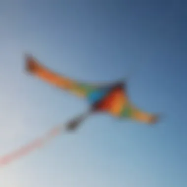 An aerial perspective of a four-string kite soaring in the sky against a clear backdrop.