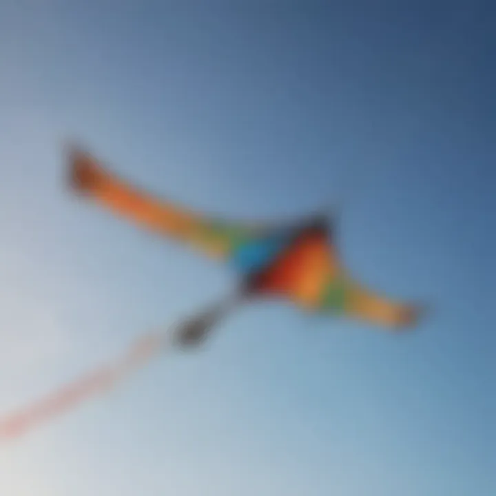 An aerial perspective of a four-string kite soaring in the sky against a clear backdrop.