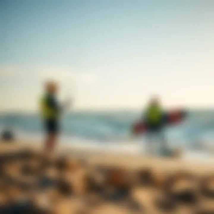 A serene beach scene where kiteboarders are engaged in practice and safety checks