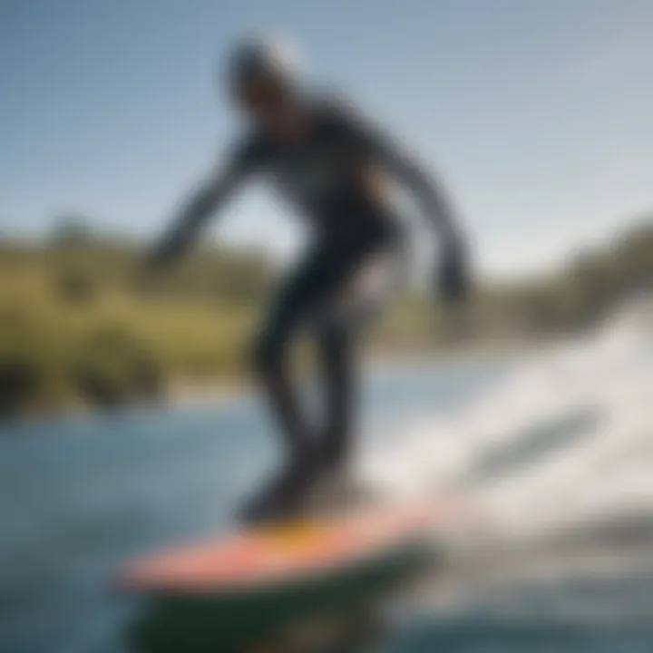 A dynamic view of a rider gliding effortlessly above the water on a foil board, showcasing the thrill of kiteboarding.