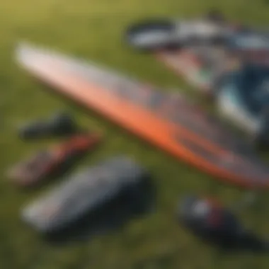 Close-up of essential kite surfing gear laid out on a grassy field, showcasing vibrant colors and textures.