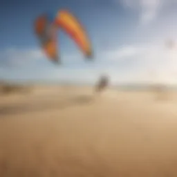 A kite surfer gliding across a sandy landscape with vibrant kites soaring in the sky.