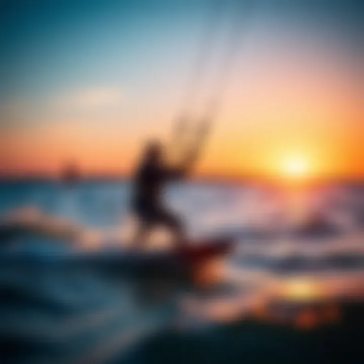 A kiteboarder integrating a used efoil into their routine at sunset