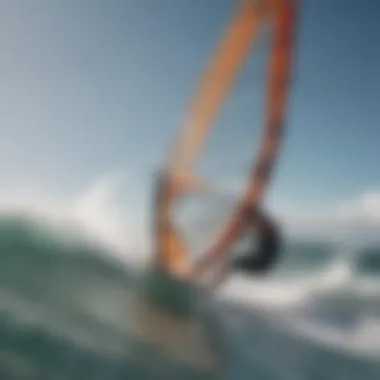 A windsurfer navigating through waves with a vibrant wing.