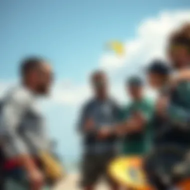 Kiteboarding Community Engagement A group of kiteboarding enthusiasts sharing experiences and tips