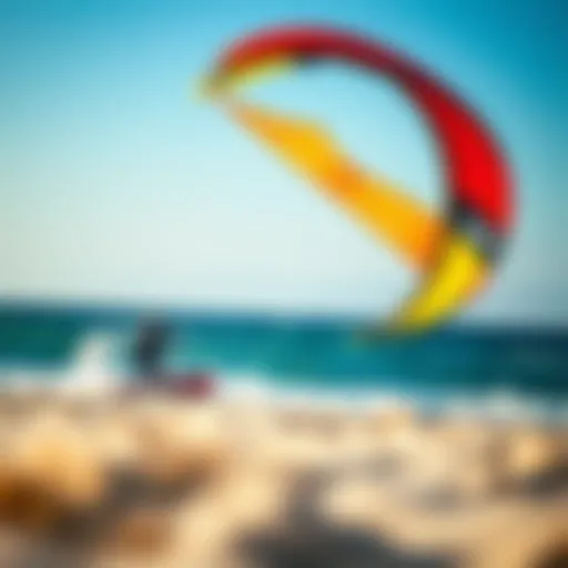A vibrant kite soaring above a beach during a kiteboarding event