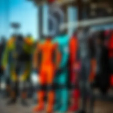 Diverse Wetsuit Designs Selection of wetsuits on display with various designs and colors