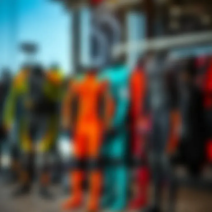 Diverse Wetsuit Designs Selection of wetsuits on display with various designs and colors