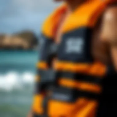 A close-up view of a high-quality flotation vest designed for surfing.