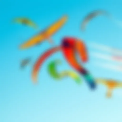 A vibrant display of different sport kites in flight against a clear blue sky