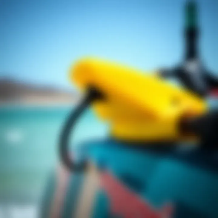 Close-up of a mini boom attached to a kiteboard