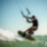 A kiteboarder maneuvering with a mini boom