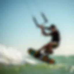 A kiteboarder maneuvering with a mini boom