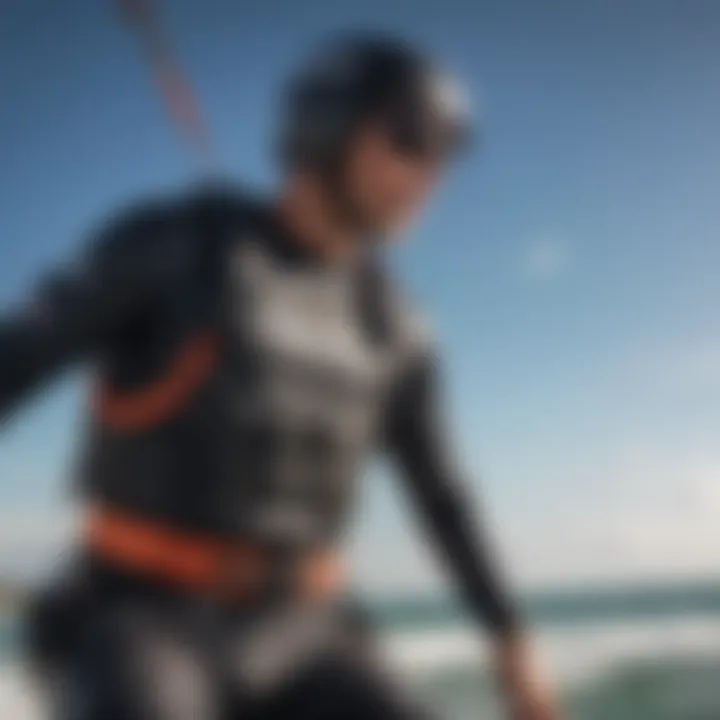 Illustration of safety features integrated into the Mystic kiteboarding harness for enhanced rider protection.