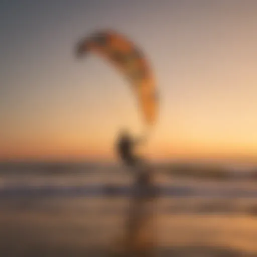 A vibrant kite surfer catching the wind at sunset