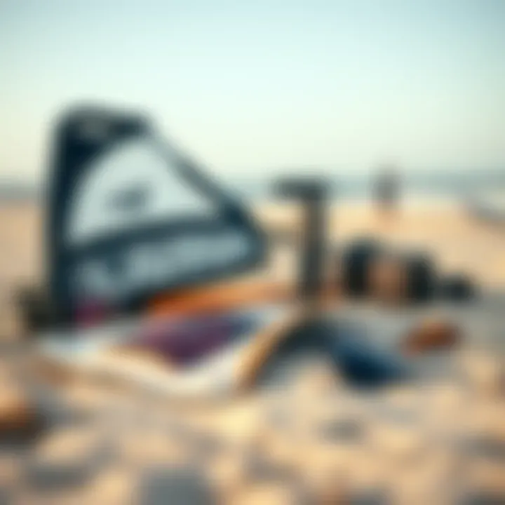 Key Gear for Wing Foiling Essential wing foil equipment displayed on the sand