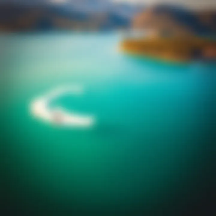 An aerial view of wake foiling on a pristine lake demonstrating the beauty of the sport