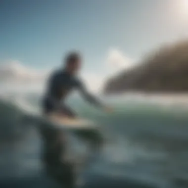 Surfer testing gear in a tranquil water setting