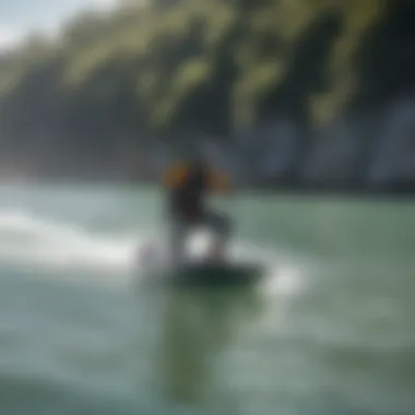 Peaceful Practice: EFoiling in Nature A serene landscape with an eFoiler practicing in calm waters