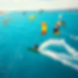Vibrant Kiteboarding in Action A kiteboarding scene showcasing vibrant kites soaring over a clear blue ocean