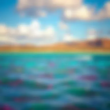 A serene landscape featuring a kiteboarding destination with vibrant water