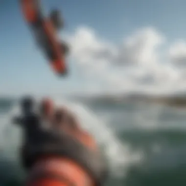 Kiteboarding scene with gloves enhancing grip on the bar