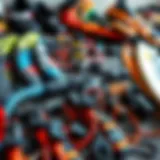 A collection of diverse kiteboarding equipment laid out for inspection.