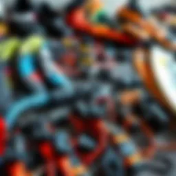 A collection of diverse kiteboarding equipment laid out for inspection.