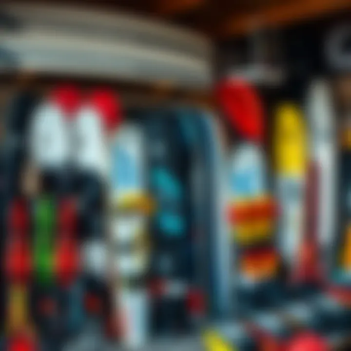 Diverse Selection of Used Kiteboarding Equipment An organized display of used kiteboarding equipment, including kites, boards, and harnesses