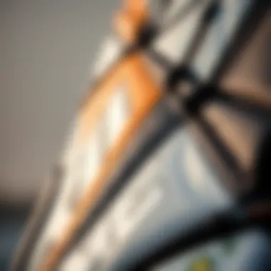 Intricacies of Kiteboarding Kite Design A close-up view of a kiteboarding kite showcasing its intricate design and fabric texture