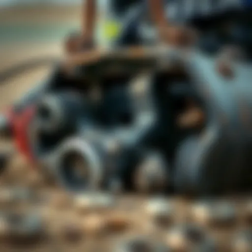 A close-up view of a used lower unit showing its components and wear