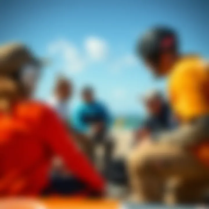 Kiteboarding enthusiasts discussing lower unit options in a community setting