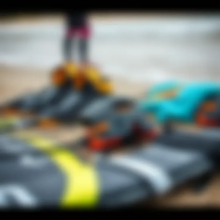 Close-up of specialized kiteboarding gear laid out on the beach