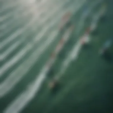 An aerial view showcasing a vibrant group of windsurfers competing in a race on a sunny day.