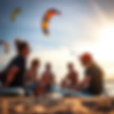 Community Bonding: Sharing the Thrill of Kiteboarding Group of foil kiteboarding enthusiasts sharing tips and experiences