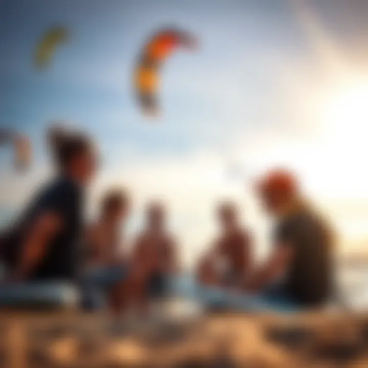 Community Bonding: Sharing the Thrill of Kiteboarding Group of foil kiteboarding enthusiasts sharing tips and experiences